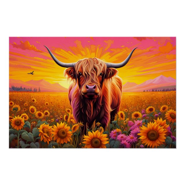 Highland Cow in Sunflowers at Sunrise Poster (Front)