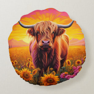 Highland Cow in Sunflowers at Sunrise Round Pillow