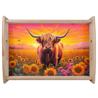 Highland Cow in Sunflowers at Sunrise
