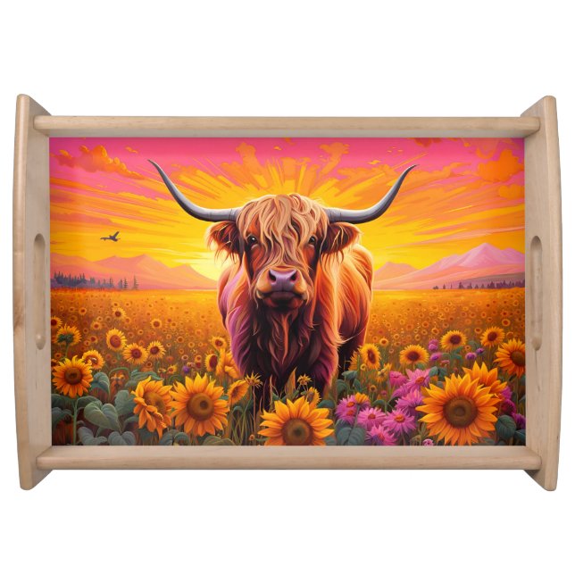 Highland Cow in Sunflowers at Sunrise Serving Tray (Front)