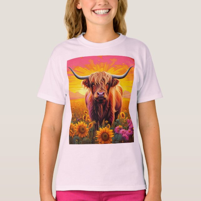 Highland Cow in Sunflowers at Sunrise T-Shirt (Front)