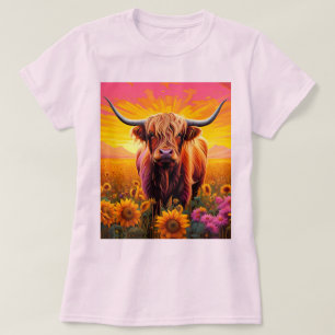 Highland Cow in Sunflowers at Sunrise T-Shirt