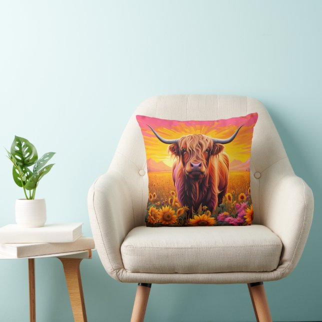 Highland Cow in Sunflowers at Sunrise Throw Pillow (Chair)