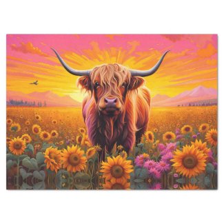 Highland Cow in Sunflowers at Sunrise