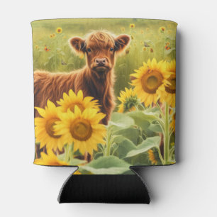 Highland Cow in Sunflowers Cute Can Cooler