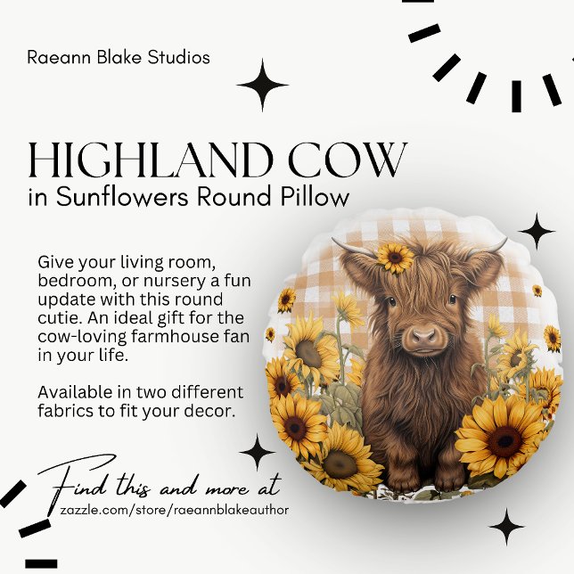 Highland Cow in Sunflowers Round Pillow (Creator Uploaded)