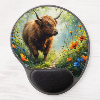 Highland Cow in the wood with wildflowers Gel Mouse Pad
