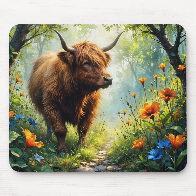 Highland Cow in the wood with wildflowers Mouse Pad (Front)
