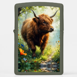 Highland Cow in the wood with wildflowers Zippo Lighter