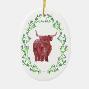 highland cow in thistle frame decoration