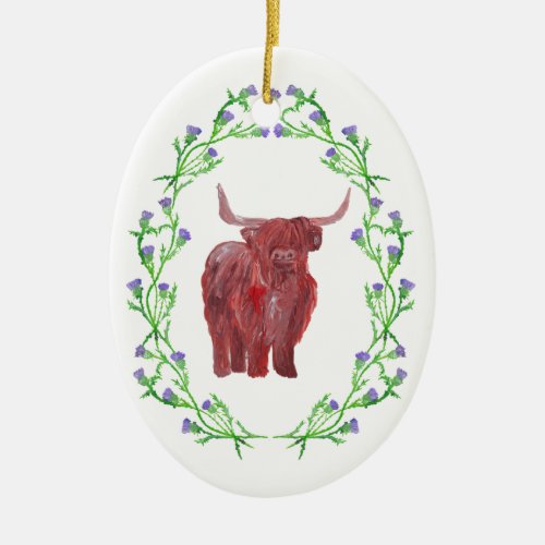 highland cow in thistle frame decoration