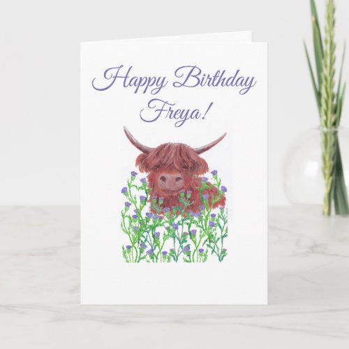 Highland cow in thistles personalise Greeting Card