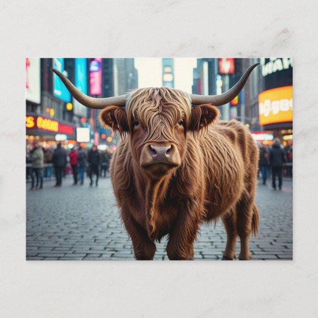 Highland Cow in Times Square Holiday Postcard (Front)