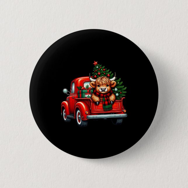Highland Cow In Truck Farm Farmer Christmas Cow Ca Button (Front)