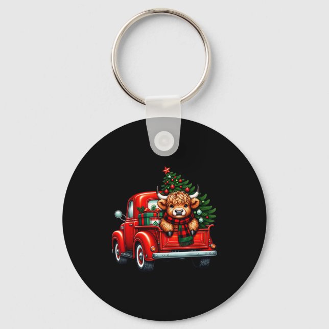 Highland Cow In Truck Farm Farmer Christmas Cow Ca Keychain (Front)
