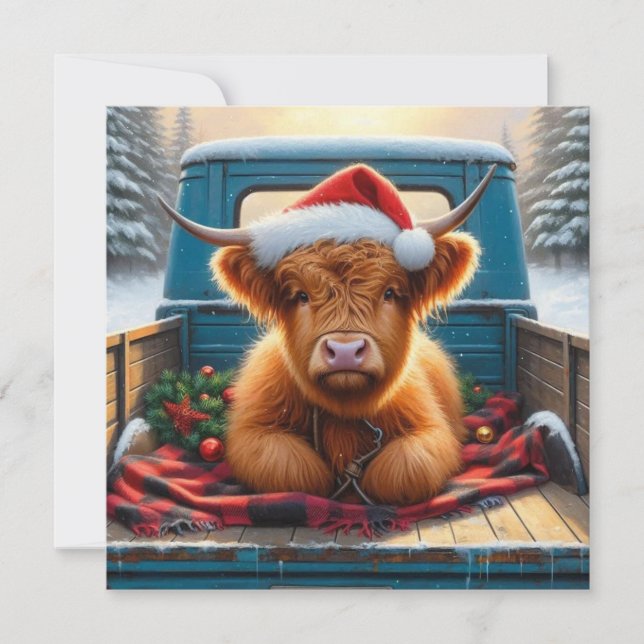 Highland cow in truck Flat Holiday Card (Front)