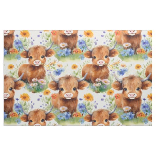Highland Cow in Wild Flowers Fabric