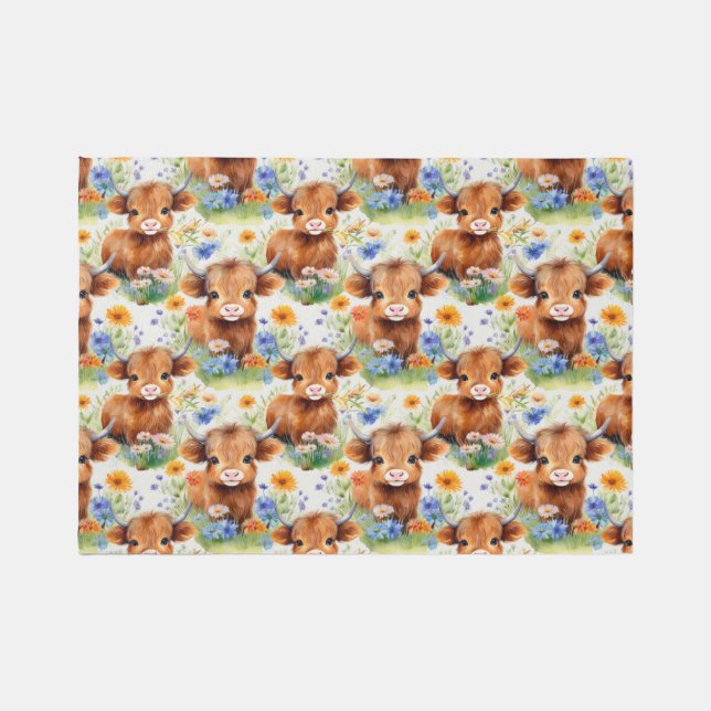 Highland Cow in Wild Flowers Rug (Front)