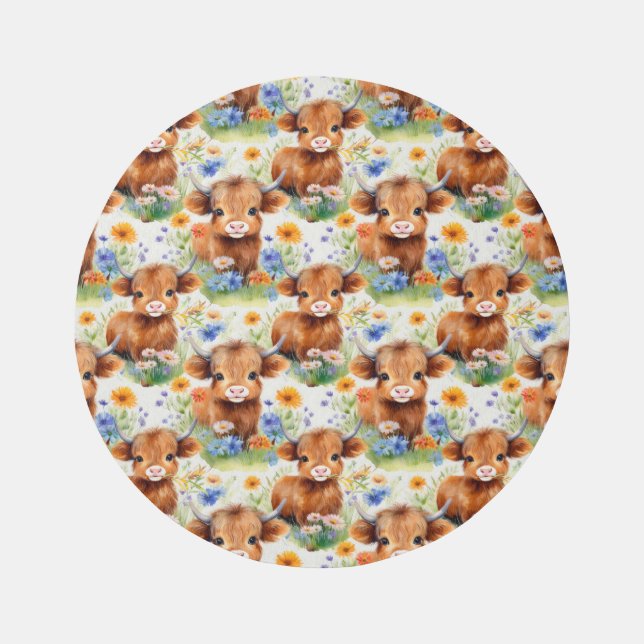 Highland Cow in Wild Flowers Rug (Front)