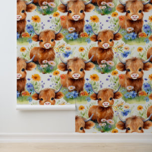 Highland Cow in Wild Flowers Wallpaper