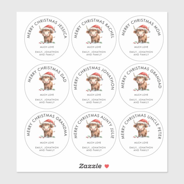 Highland Cow Individual Names Merry Christmas Sticker (Sheet)