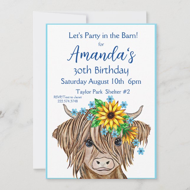 Highland Cow Invitation, Cow Birthday Party Invitation (Front)