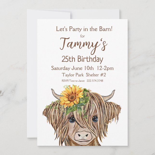 Highland Cow Invitation, Cow Birthday Party Invitation (Front)