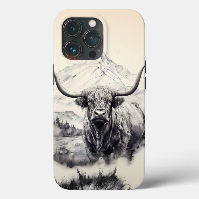 Highland Cow iPhone Case with Majestic Mountains (Back)