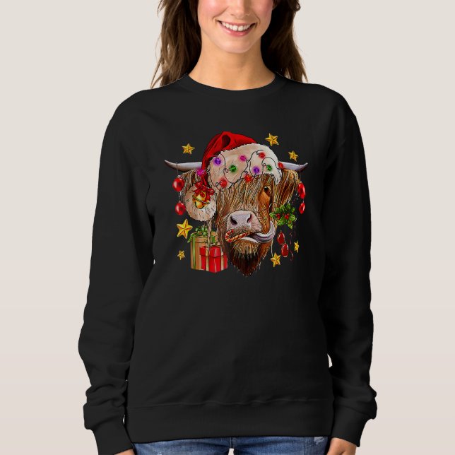 Highland Cow Joy Santa Hat Christmas Lights Wester Sweatshirt (Front)