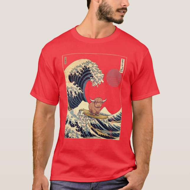 Highland Cow Kanagawa Japanese Surfing Wave T-Shirt (Front)