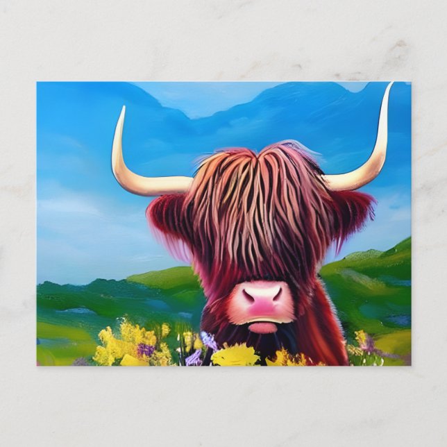 Highland Cow landscape art Postcard (Front)