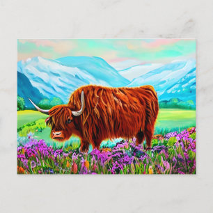 Highland Cow Landscape Painting Postcard