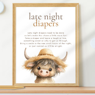 Highland Cow late Night Diapers Baby Shower Poster