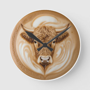 Highland Cow Latte Art Round Wall Clock   Quirky S