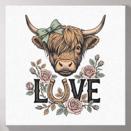 Highland Cow Love Vintage Floral Horseshoe Art Canvas Photo Tile