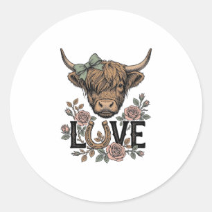 Highland Cow Love Vintage Floral Horseshoe Art Classic Round Sticker