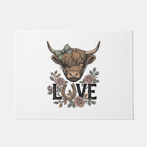 Highland Cow Love Vintage Floral Horseshoe Art Doormat