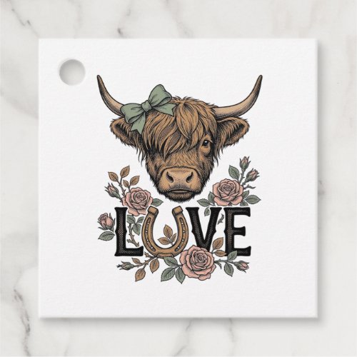 Highland Cow Love Vintage Floral Horseshoe Art Favor Tags
