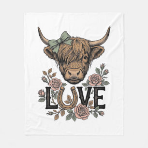 Highland Cow Love Vintage Floral Horseshoe Art Fleece Blanket