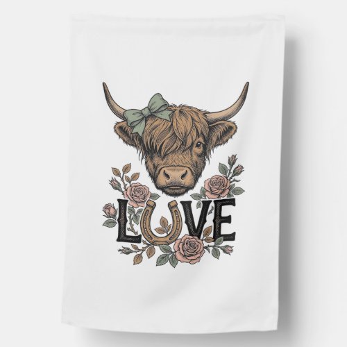 Highland Cow Love Vintage Floral Horseshoe Art House Flag