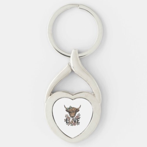 Highland Cow Love Vintage Floral Horseshoe Art Keychain