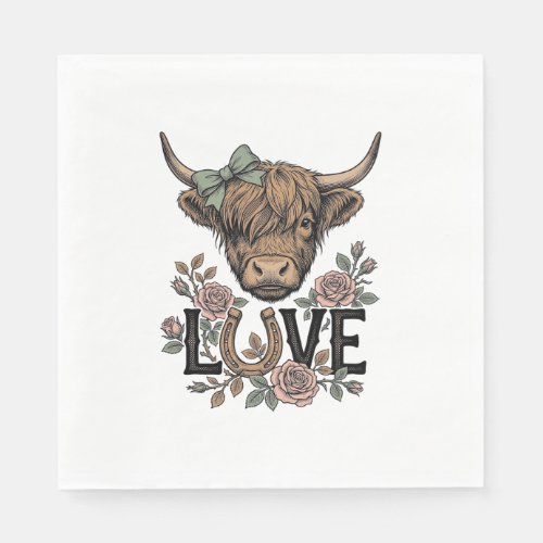 Highland Cow Love Vintage Floral Horseshoe Art Napkins