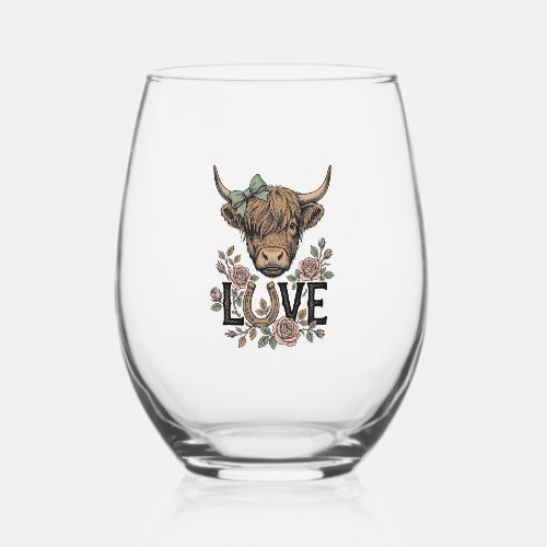 Highland Cow Love Vintage Floral Horseshoe Art Stemless Wine Glass