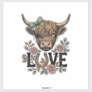 Highland Cow Love Vintage Floral Horseshoe Art Sticker