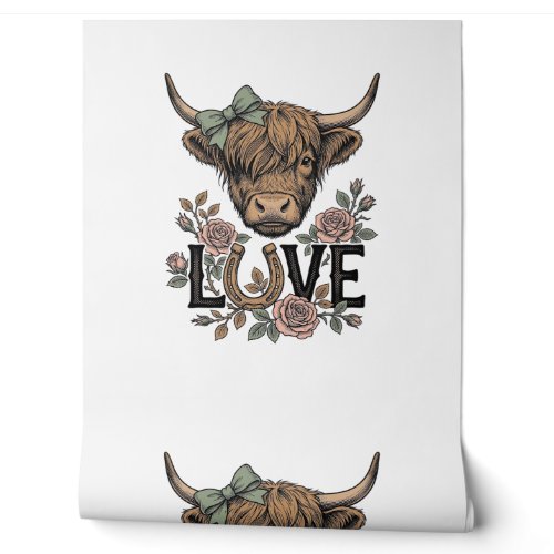 Highland Cow Love Vintage Floral Horseshoe Art Wallpaper