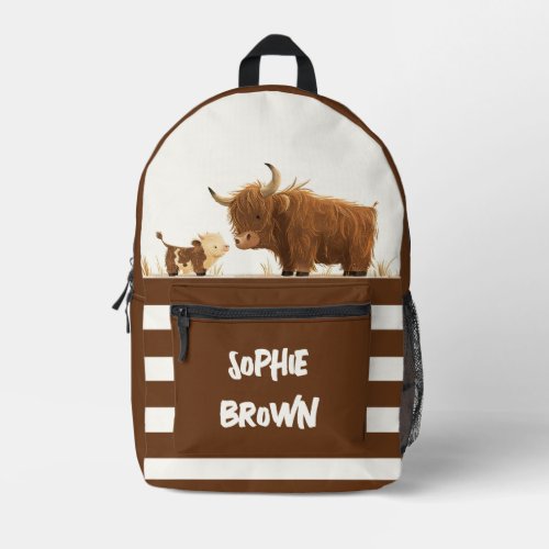 Highland Cow Mama Calf Rustic Brown Custom Name  Printed Backpack