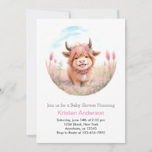 Highland Cow Meadow Pink Girl Baby Shower Invitation