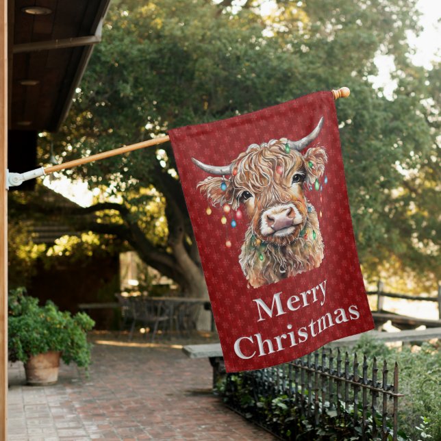 Highland Cow Merry Christmas House Flag (In SItu)