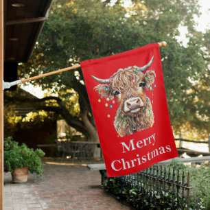 Highland Cow Merry Christmas House Flag