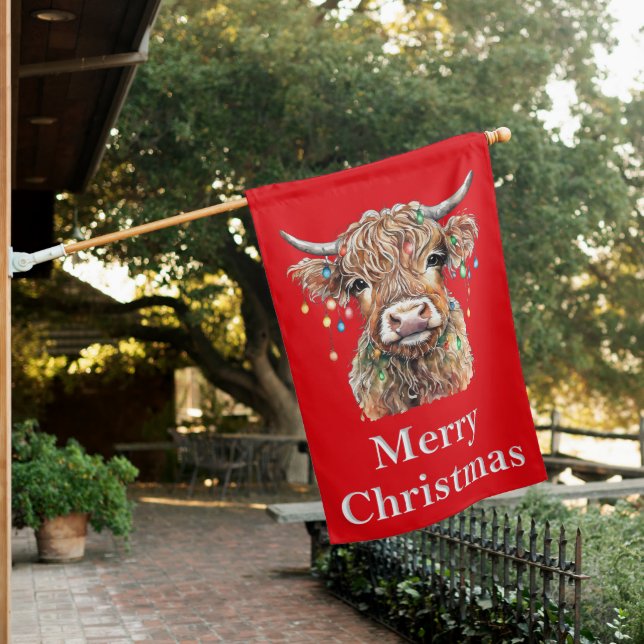 Highland Cow Merry Christmas House Flag (In SItu)